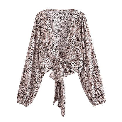 Boho Leopard Tie-Front Blouse – Rayon Cotton Blend