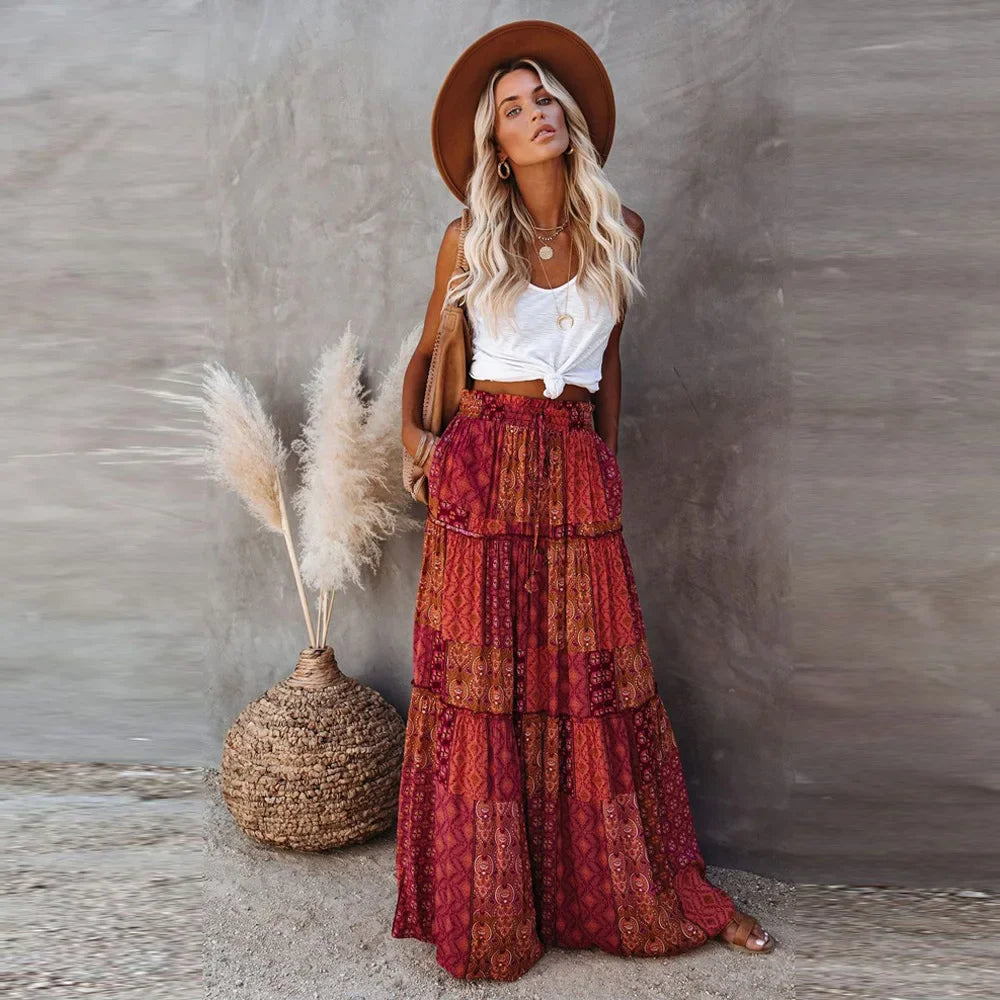 Kaleidoscope Dream: Boho Patchwork Print Maxi Skirt