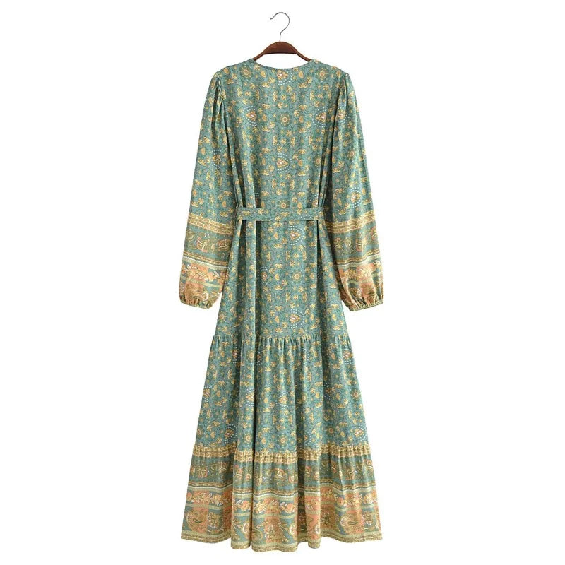 🌿 Boho Button-Up Floral Maxi Dress – Green, Red, or Brown