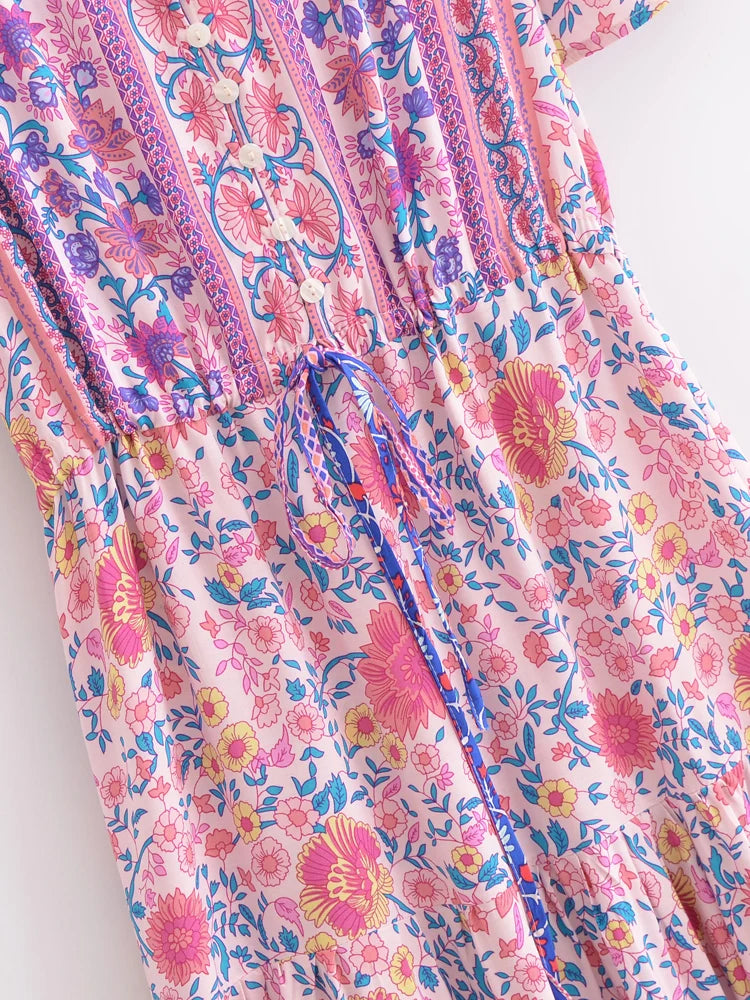 Pastel Bloom: Boho Floral Flutter Sleeve Maxi Dress