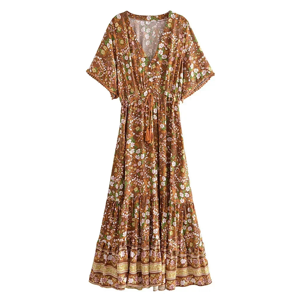 Boho Garden Walk Maxi Dress – Brown Floral