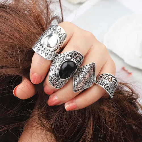 4-Piece Boho Vintage Silver Ring Set