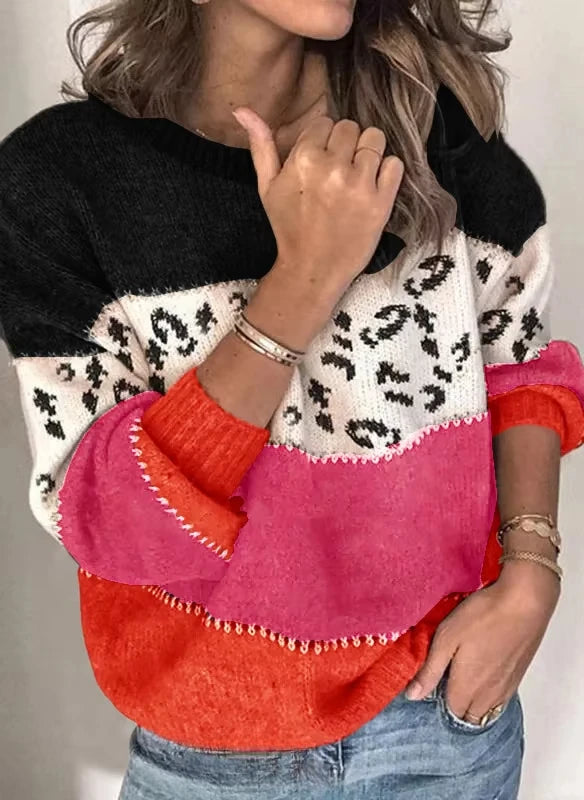Boho Colorblock Leopard Sweater