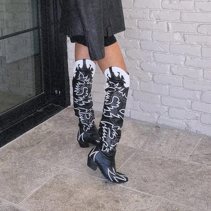 Flame Stitch Knee-High Cowboy Boots