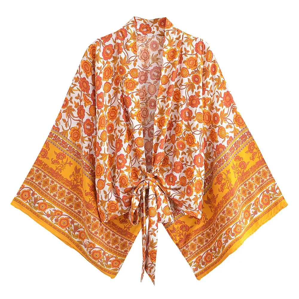 Boho Tie-Front Floral Kimono – Lightweight Rayon Beach Cover-Up