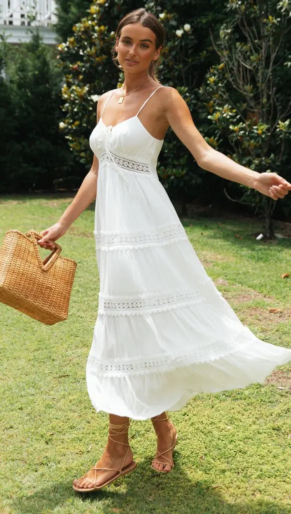 Boho White Tiered Maxi Dress – Spaghetti Strap Summer Flow