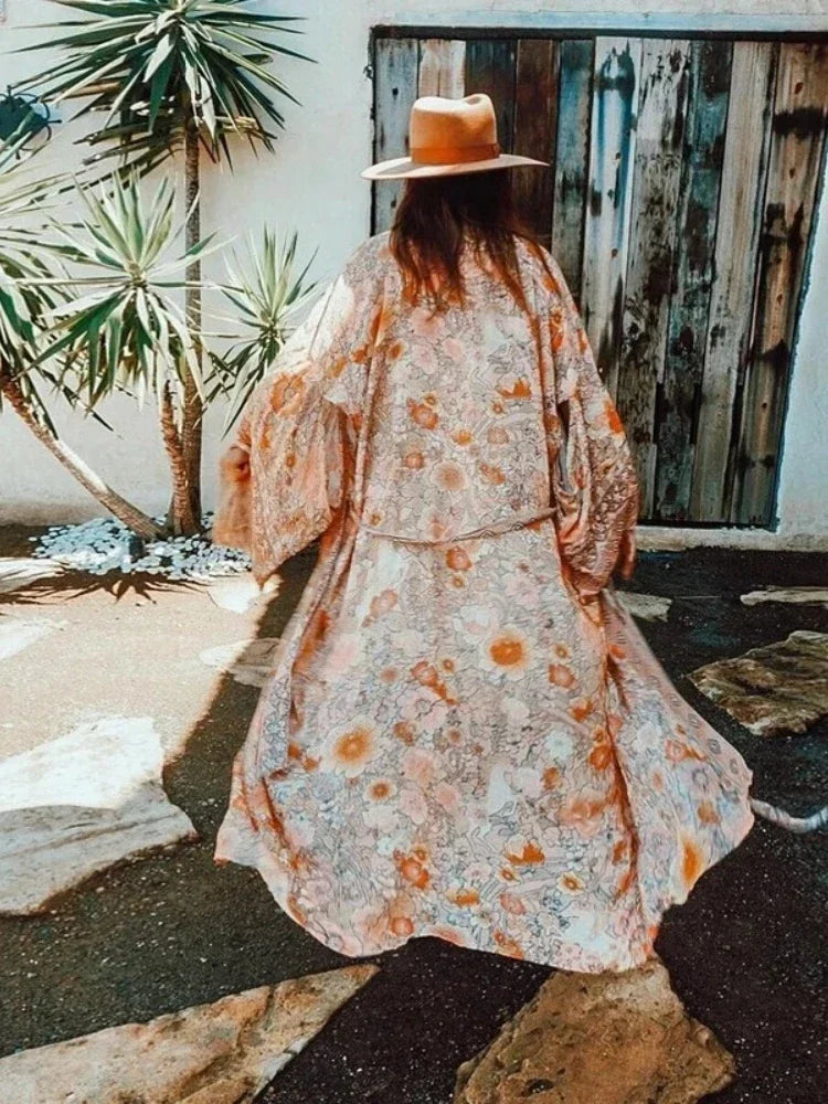 Boho Floral Kimono Maxi Dress – 100% Rayon
