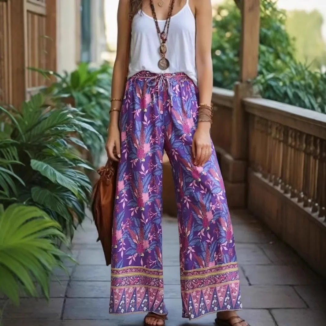 ✿ Boho Purple Floral Wide-Leg Pants – 100% Soft Rayon