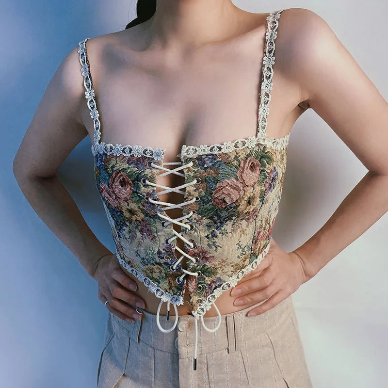 Boho Floral Lace-Up Corset Crop Top – Adjustable Fit