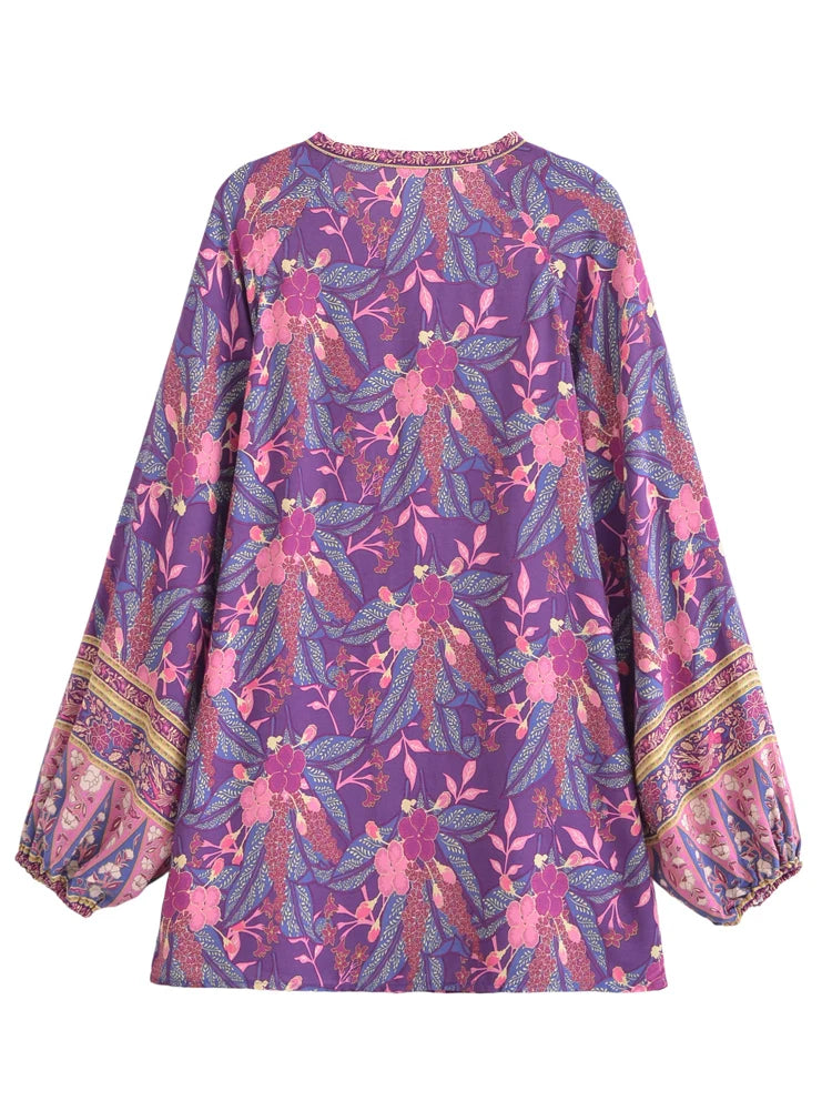 Purple Feather Boho Blouse – Button Detail &amp; Flowy Fit