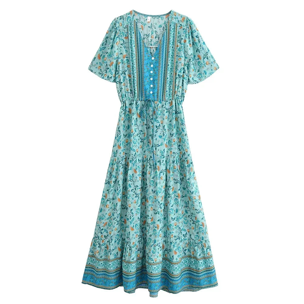 🌼 Boho Bloom Button-Front Midi Dress