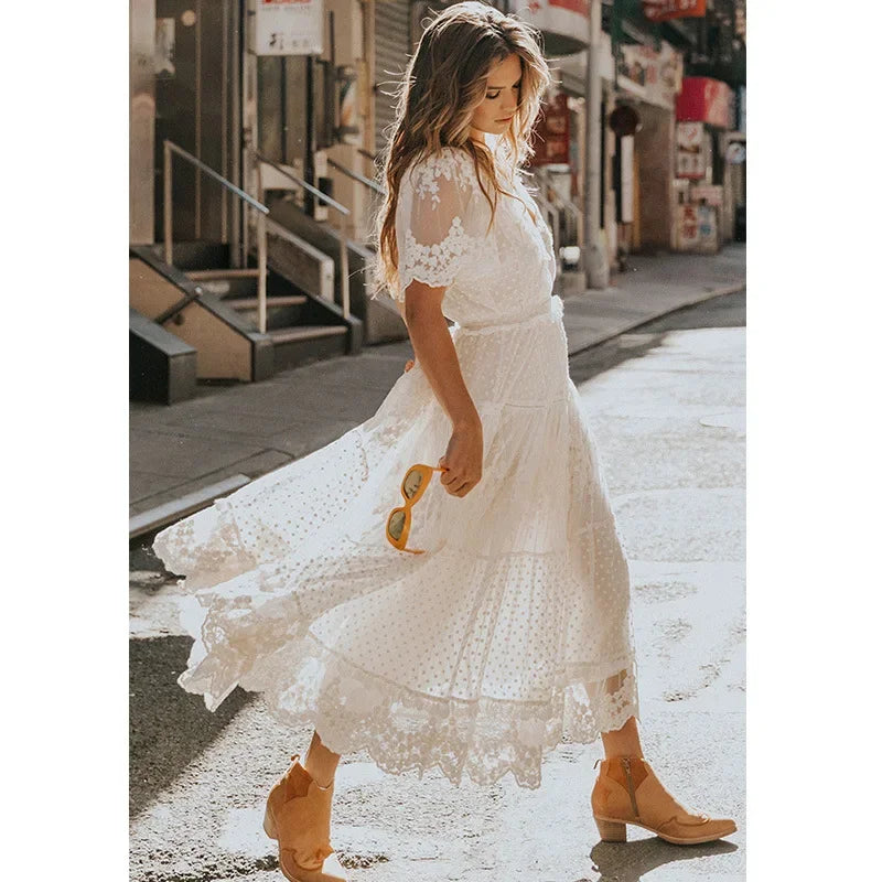 Boho White Lace Maxi Dress – V-Neck Hollow-Out Summer Sundress
