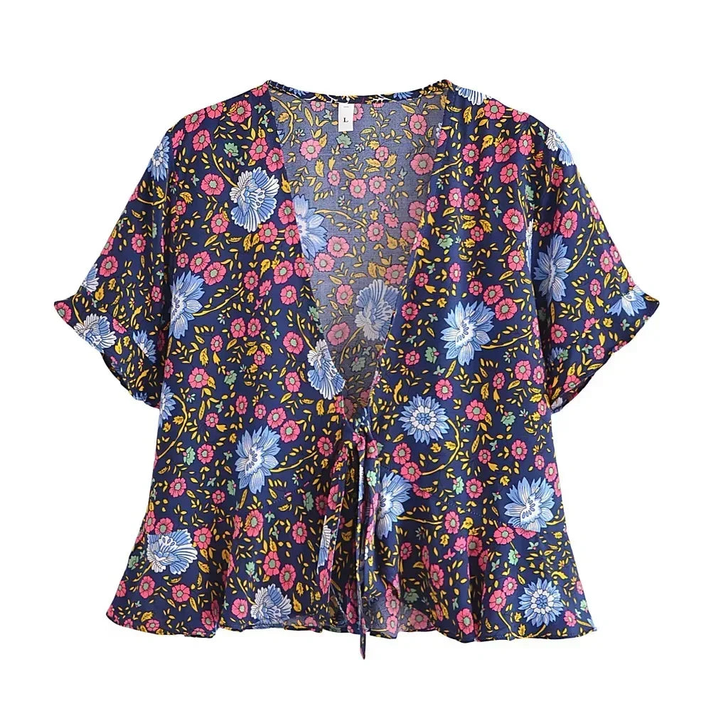 Boho Tie-Front Floral Crop Top – Cotton & Rayon