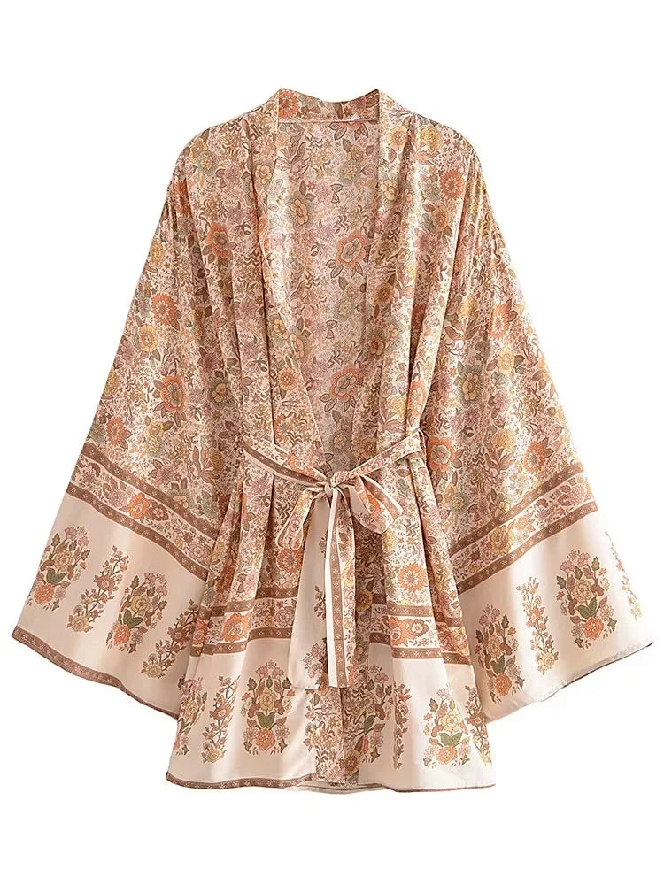 Boho Floral Print Kimono – Short Robe Cover-Up with Sash & Batwing Sleeves