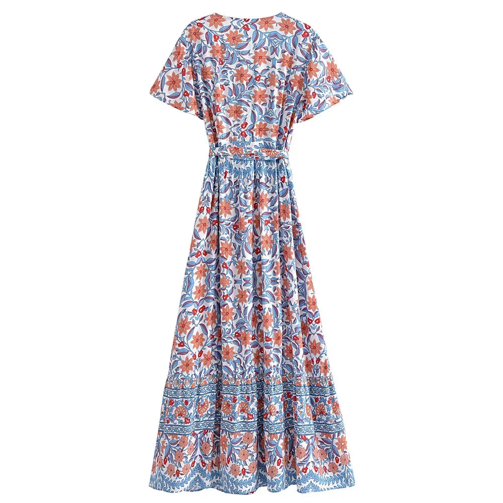Boho Print V-Neck Maxi Dress – Blue