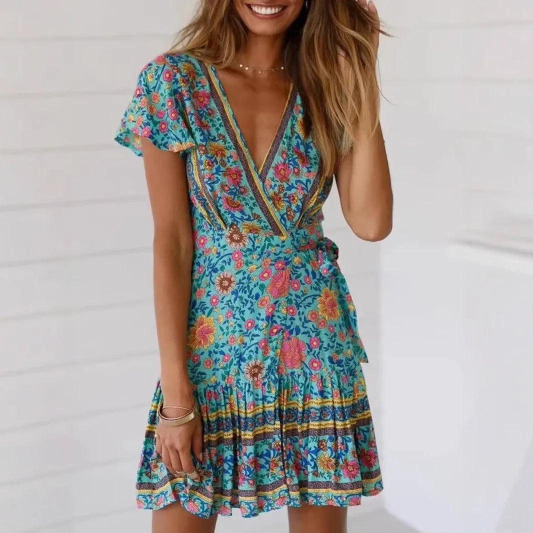 Boho Flutter Sleeve Tiered Mini Dress