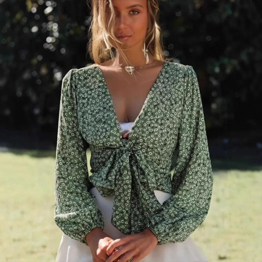 Boho Green Tie-Front Blouse – Rayon Cotton Blend