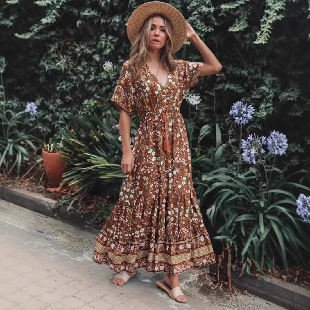 Boho Garden Walk Maxi Dress – Brown Floral