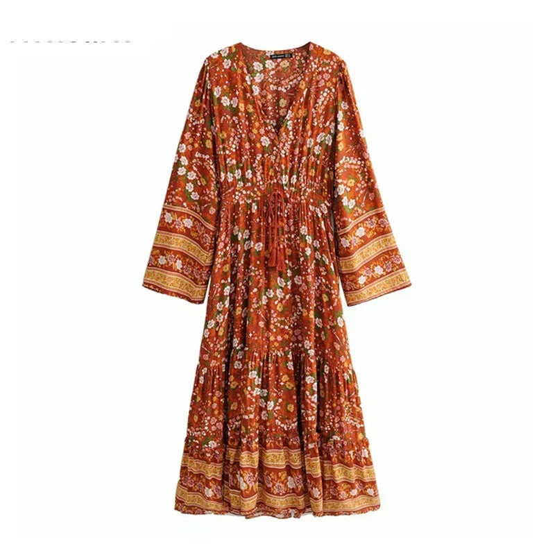 Autumn Fire Floral Boho Maxi Dress