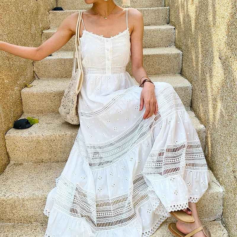 Boho White Lace Cotton Maxi Dress – Spaghetti Strap Summer Flow