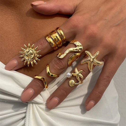 Boho Statement Ring Set – Gold & Silver Chunky Adjustable Rings