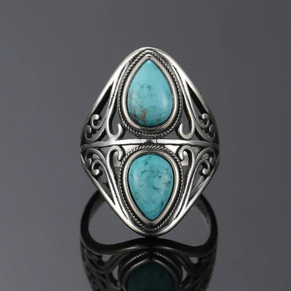 🌀 Boho Double Turquoise Ring – 925 Sterling Silver (Sizes 5–12)