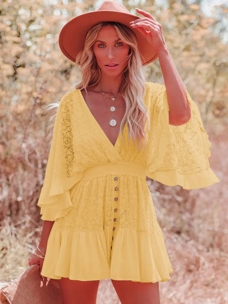 Boho Cotton Lace Button-Up Beach Cover-Up