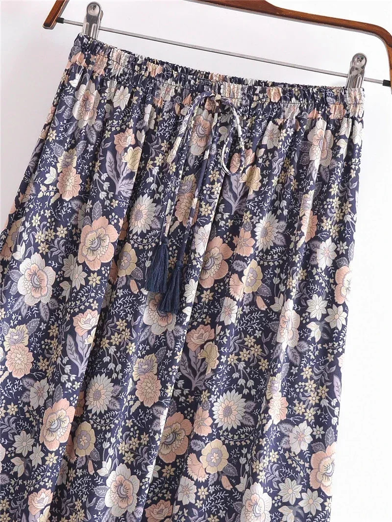 Midnight Bloom: Boho Floral Tassel Maxi Skirt