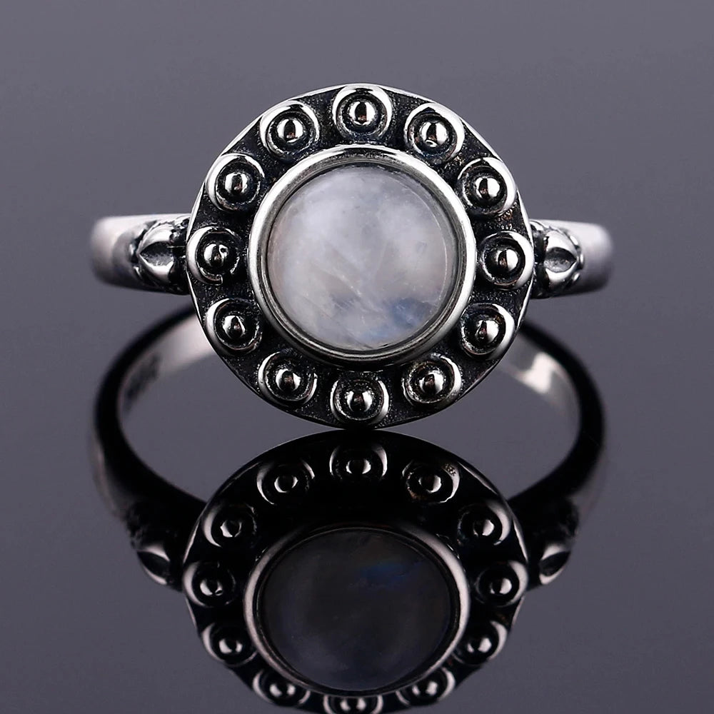 🌕 Vintage Round Moonstone Ring – 925 Sterling Silver (Sizes 5–12)