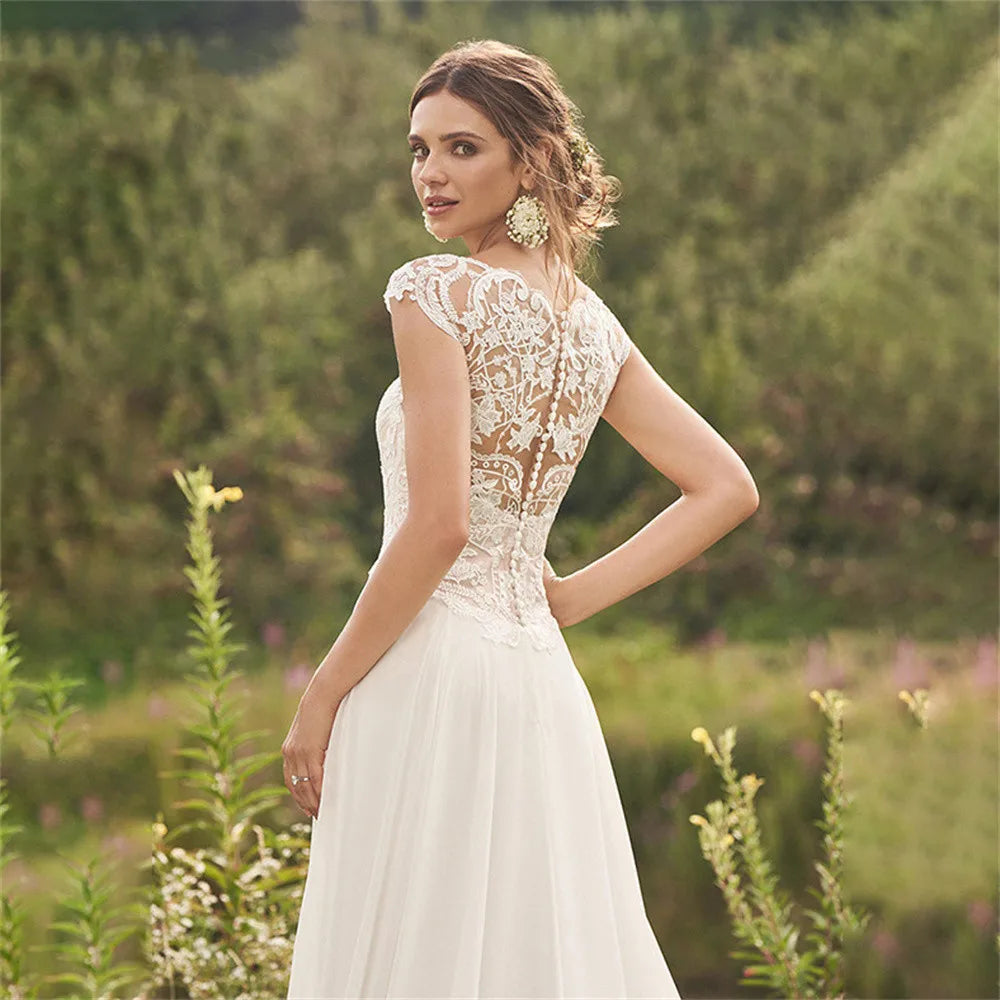 Boho Lace Cap Sleeve Wedding Dress