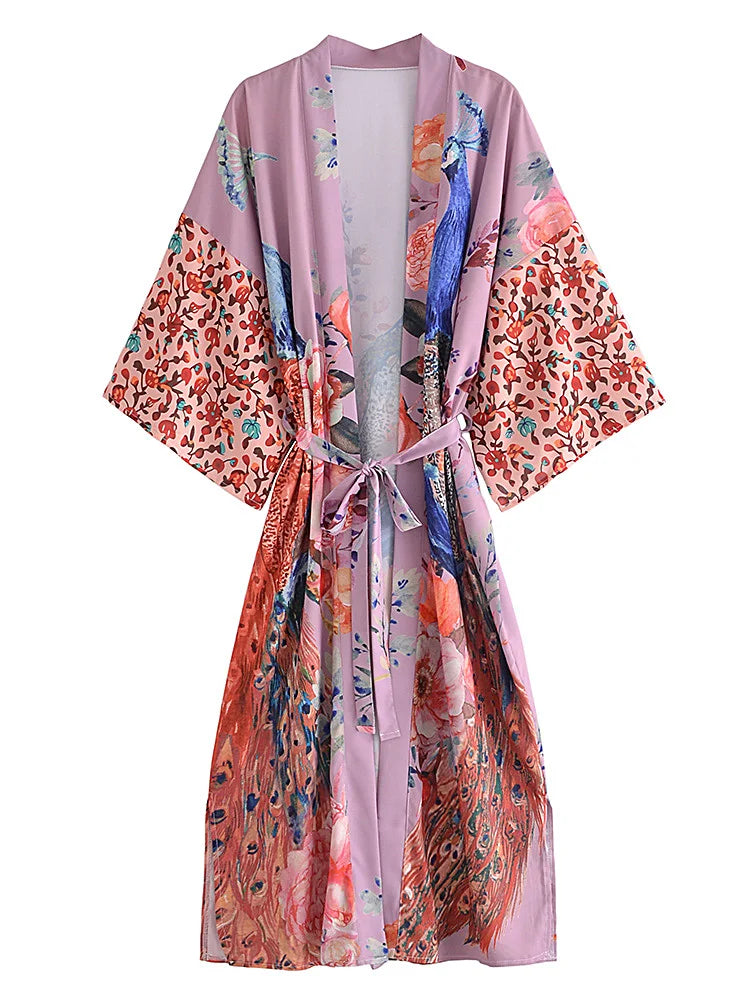 Boho Peacock & Floral Print Kimono Robe – One Size