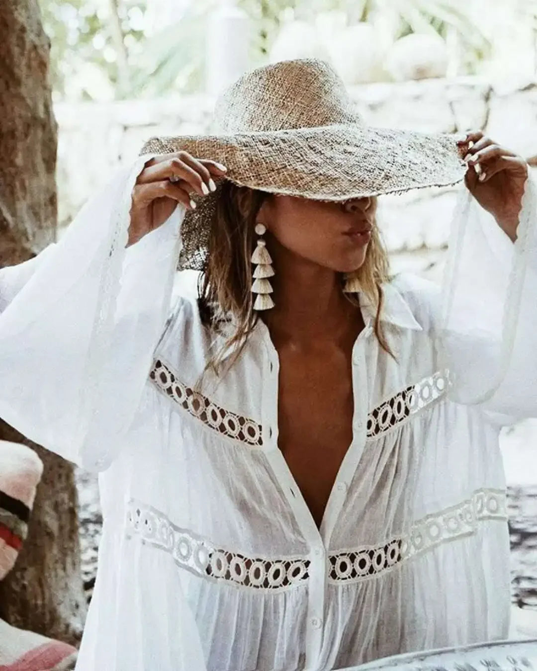Boho White Beach Cover-Up Tunic – 100% Rayon