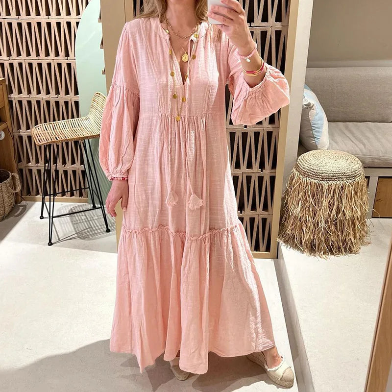 Blush Horizon: Boho Cotton Tiered Maxi Dress