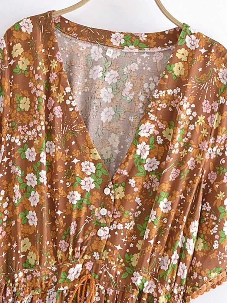 Boho Garden Walk Maxi Dress – Brown Floral