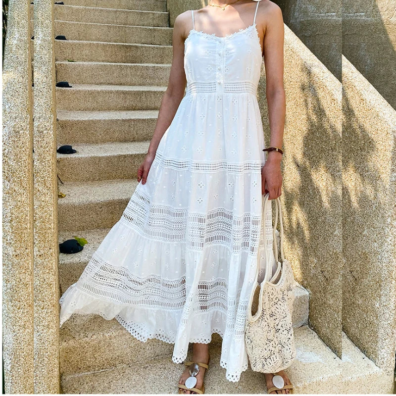 Boho White Lace Cotton Maxi Dress – Spaghetti Strap Summer Flow