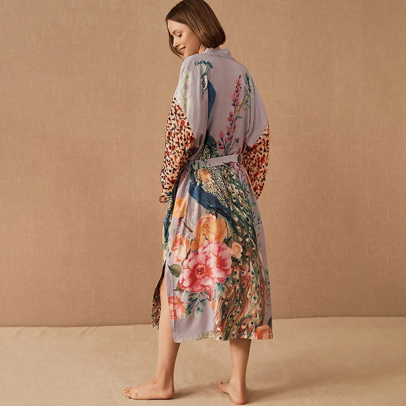 Boho Peacock & Floral Print Kimono Robe – One Size