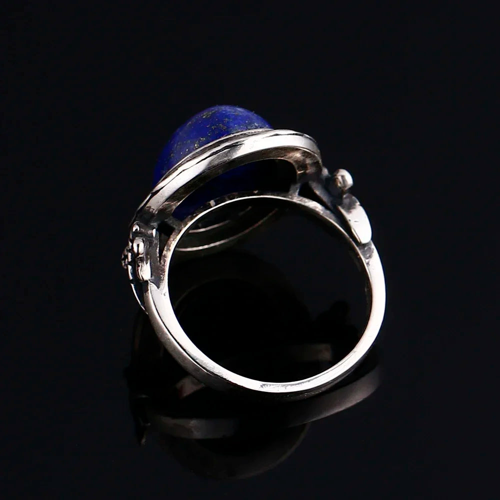 🐉 Natural Lapis Lazuli Dragonfly Ring – 925 Sterling Silver (Sizes 5–12)