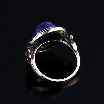 🐉 Natural Lapis Lazuli Dragonfly Ring – 925 Sterling Silver (Sizes 5–12)