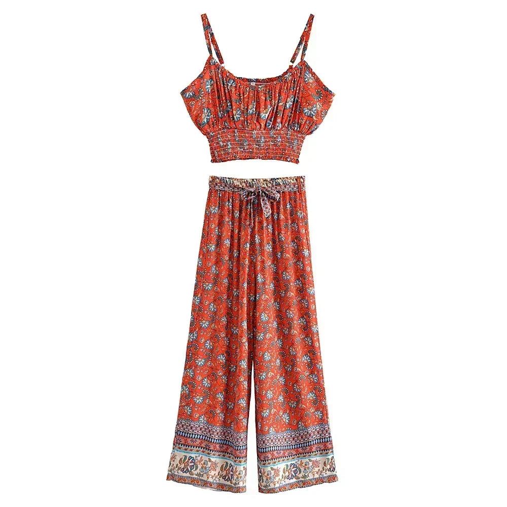 Red Floral Boho Two-Piece Set – Strapless Crop Top & Wide-Leg Pants