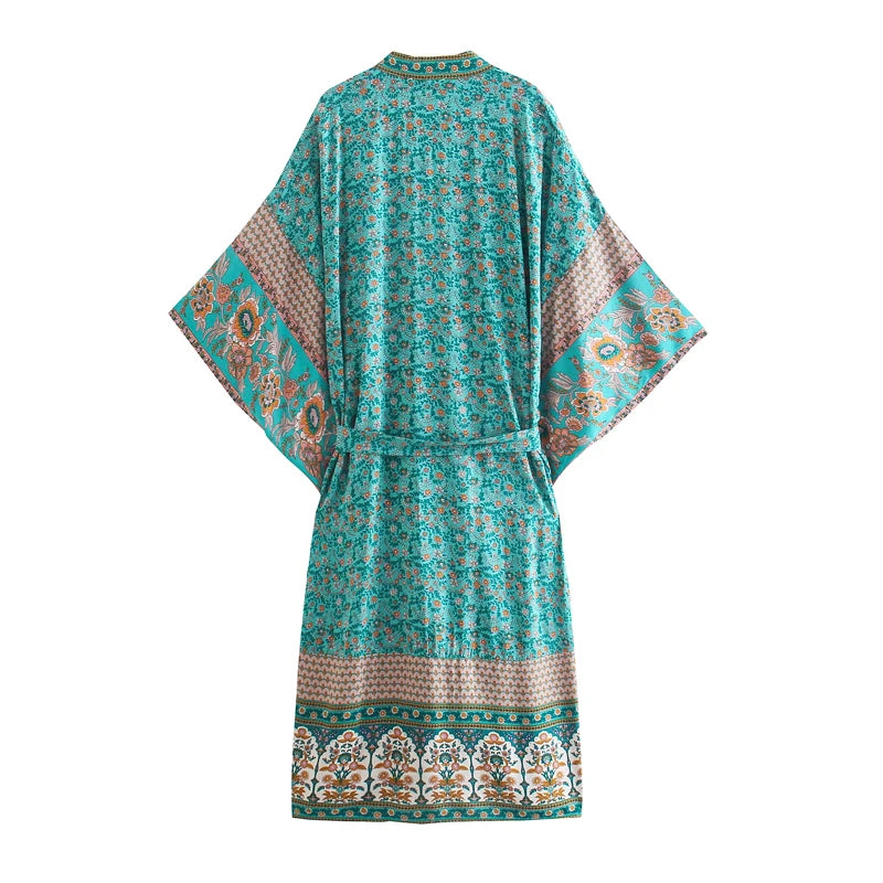 🌿 Boho Turquoise Kimono Dress