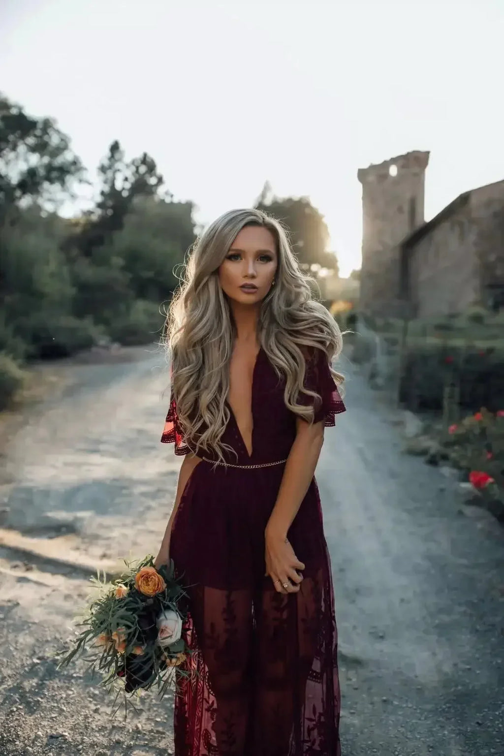 Scarlet Muse: Boho Lace Maxi Dress with Thigh-High Slit