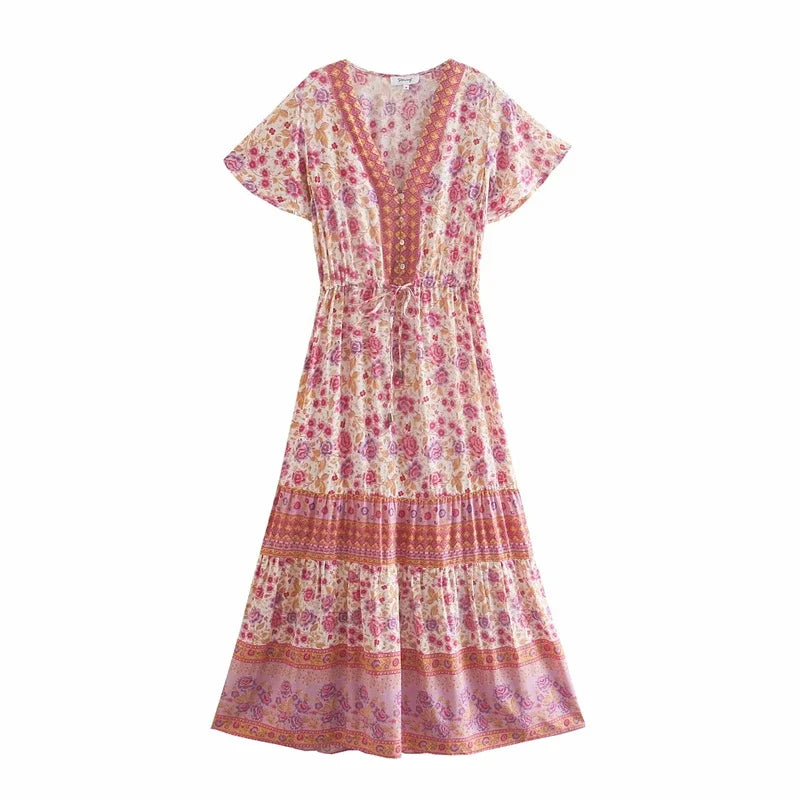 Boho Floral Button-Front Maxi Dress – Cotton &amp; Rayon Blend