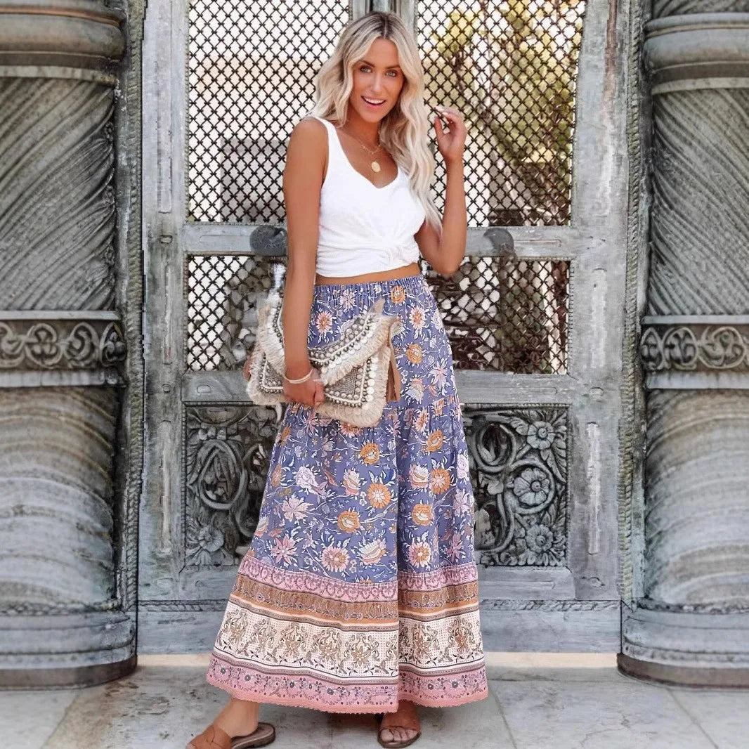 Boho Floral Print Maxi Skirt – 100% Rayon