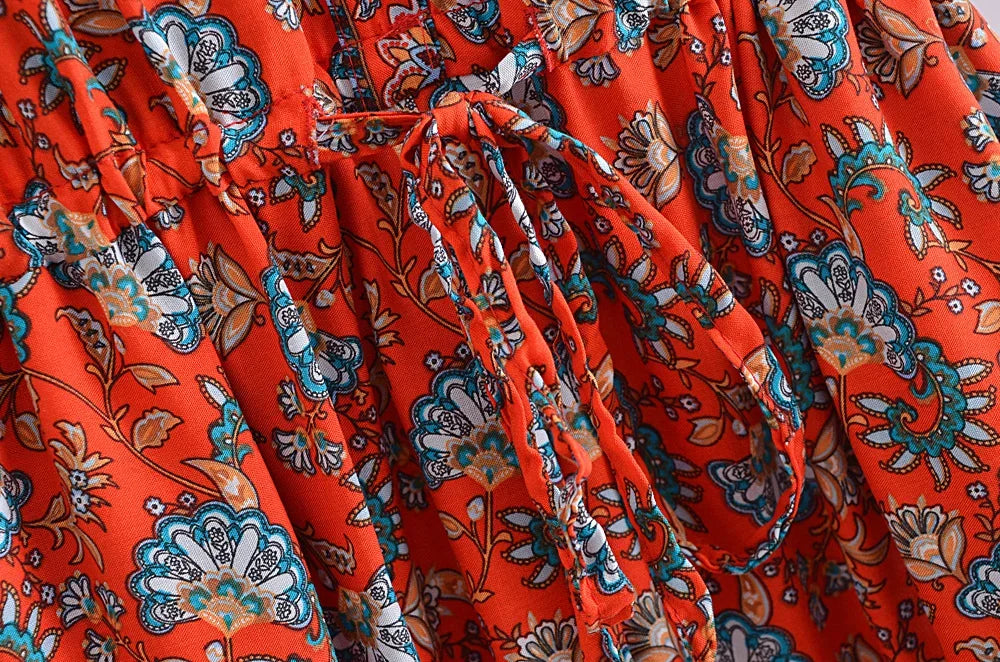 Boho Red Floral Maxi Dress – Cotton & Rayon Blend