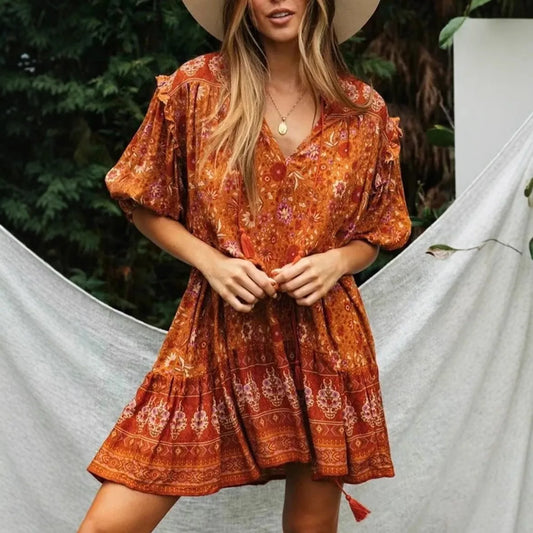 🌼 Boho Burnt Orange Mini Dress