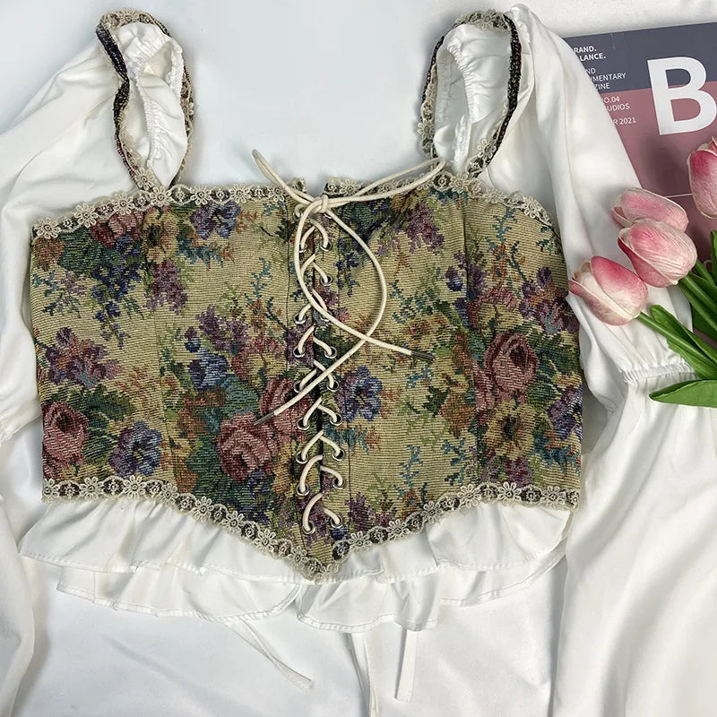 Boho Floral Lace-Up Corset Crop Top – Adjustable Fit
