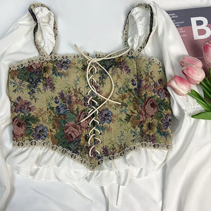 Boho Floral Lace-Up Corset Crop Top – Adjustable Fit