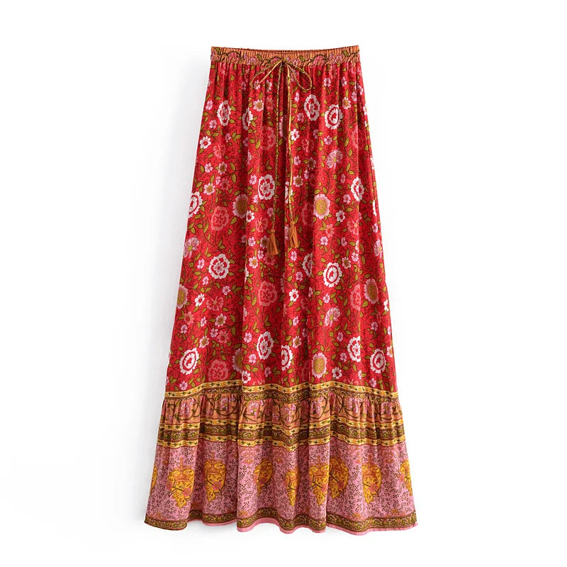 Boho Floral Elastic Waist Maxi Skirt – 100% Rayon