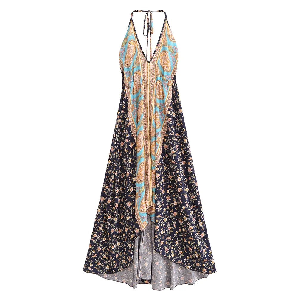 Wild Floral High-Low Boho Maxi Dress – Sexy Open Back Tassel Dress