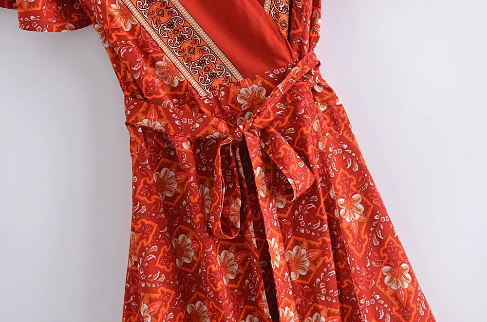 Crimson Bloom: Boho Floral Wrap-Style Mini Dress